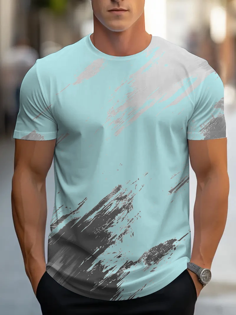 Summer men's personalized line pattern short-sleeved round neck T-shirt fashionable men's tops suitable for outdoor walking
