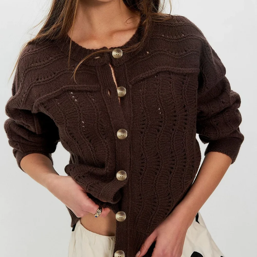 Openwork Wavy Pattern Short Sleeve Round Neck Knit Sweater for Women Ideal for Beach Vacation and Warm Weather