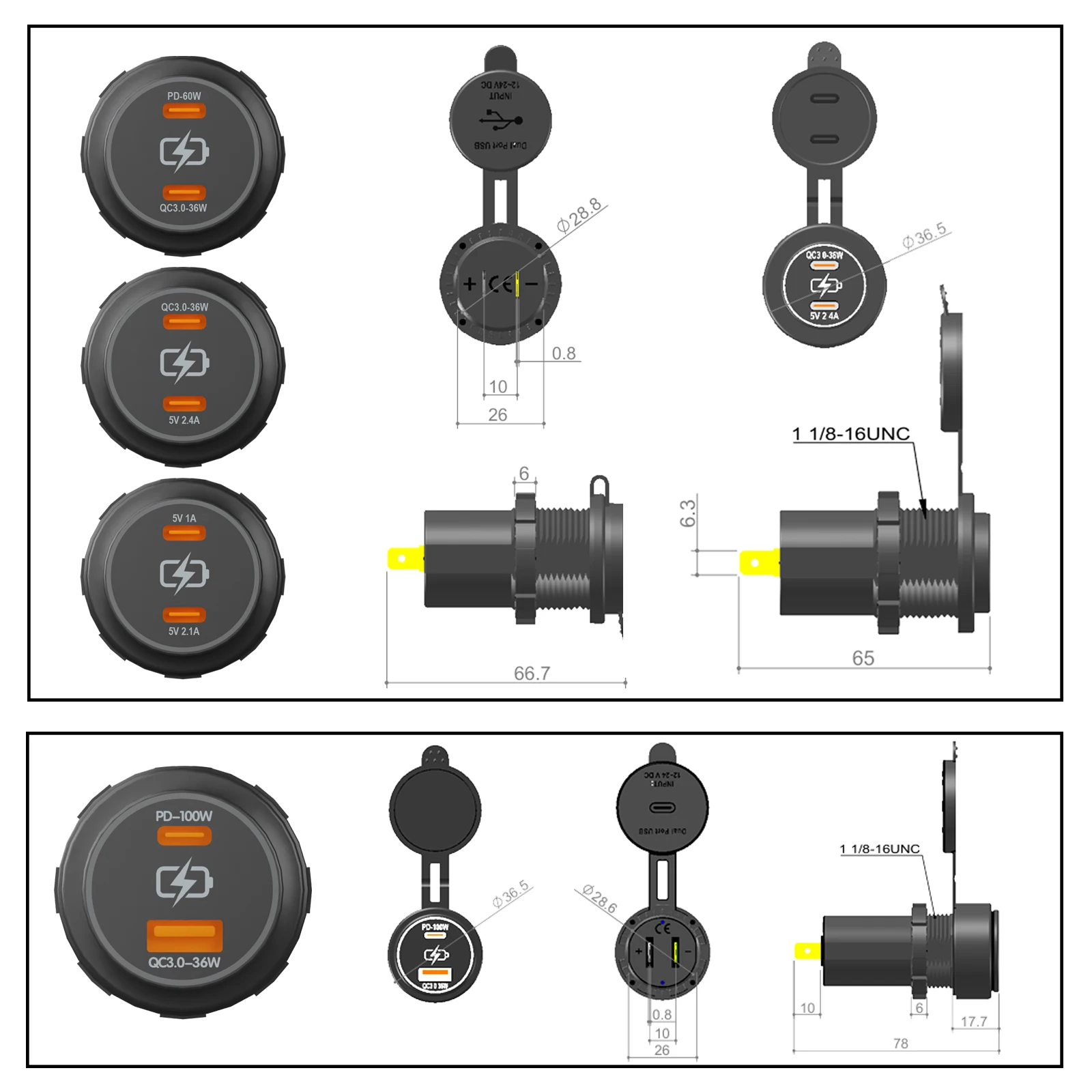 Caricatore rapido doppio USB QC 3.0 e PD 60W/100W Tipo C e tipo A Interruttore a bilanciere DC 12V/24V Ricarica per auto Motore Marine Barca Camion