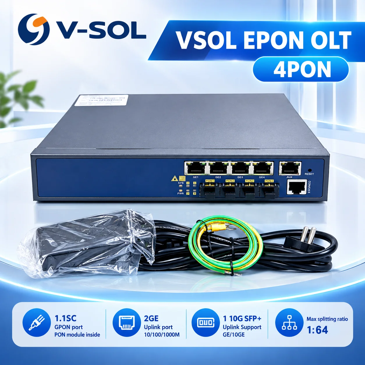 VSOL EPON OLT 4 PON Port 4GE Uplink FTTH Fiber Optic OLT 1:64ONUs GPON Network Equipment for ISP FTTB FTTX Optic Line Terminal