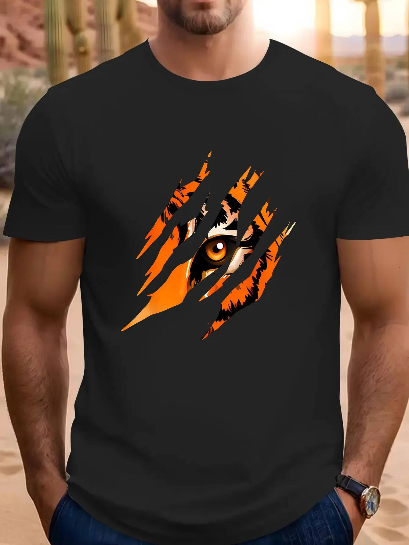 Trendy Men's Tiger Eye Claw Scratch Rip Effect 3D Print T‑Shirt Wild Beast Animal Print Short Sleeve Streetwear Casual Daily Top
