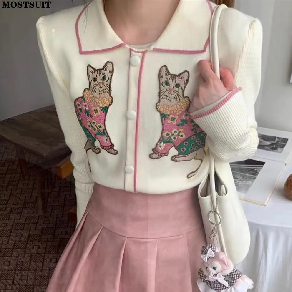 Cat Embroidered Stylish Sweater Cardigan For Women Elegant Vintage Chic Fashion Tops Long Sleeve Single-breasted Knitwear Jumper