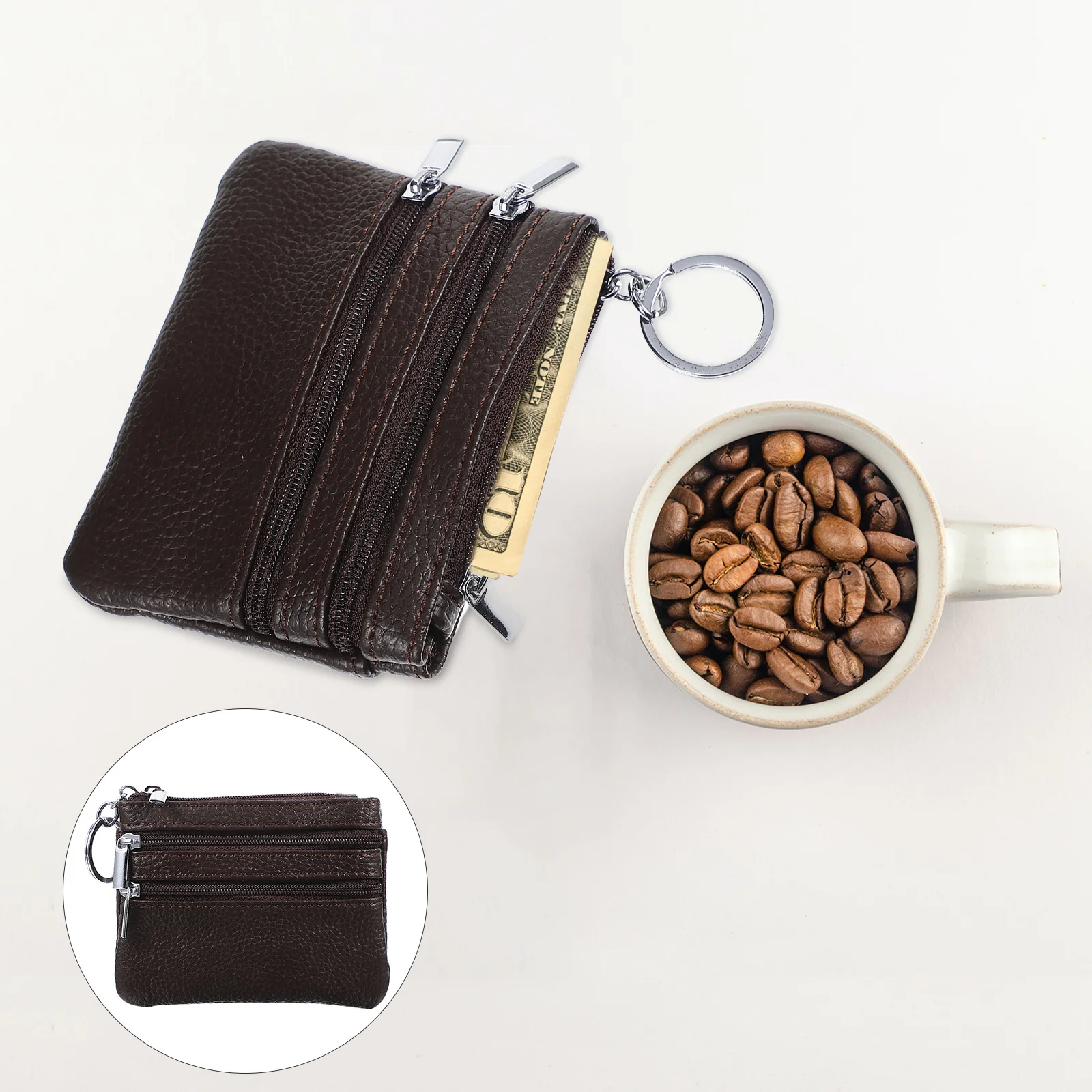 

1Pcs Mini Waterproof Coin Wallet for Women Smooth Portable Change Bag with External Pocket Multi-Zip Compartment Key Ring Holder
