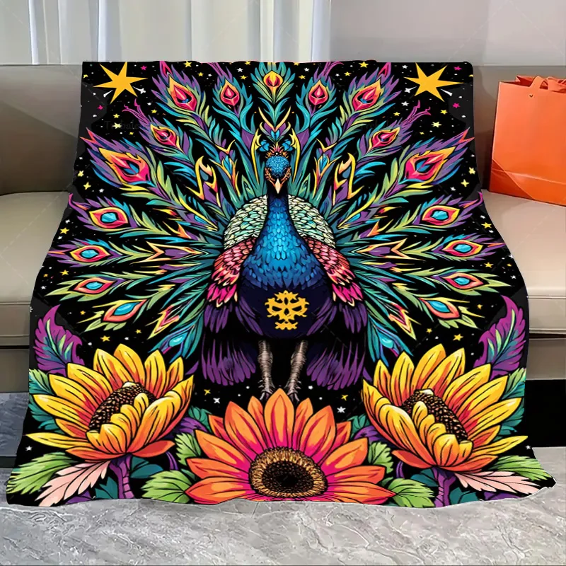 

1pc Flannel Blanket Vibrant Peacock & Sunflower Blanket - Boho Chic Decor for Cozy Nights