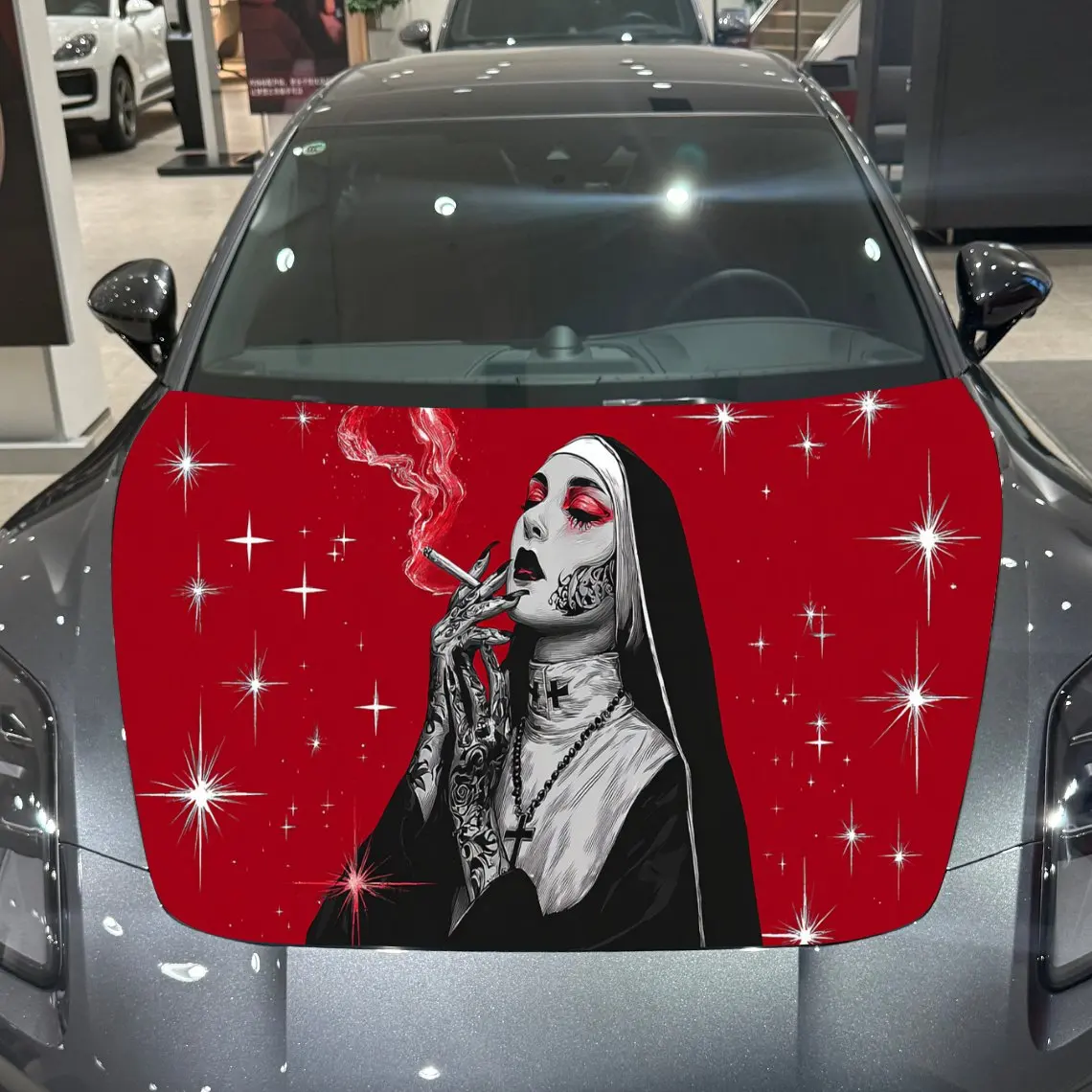 Rebel Nun Aesthetic Exploration PVC Car Engine Hood Vinyl Wraps, Self-Adhesive Waterproof Car Hood Decal Sticker, Car Decoration