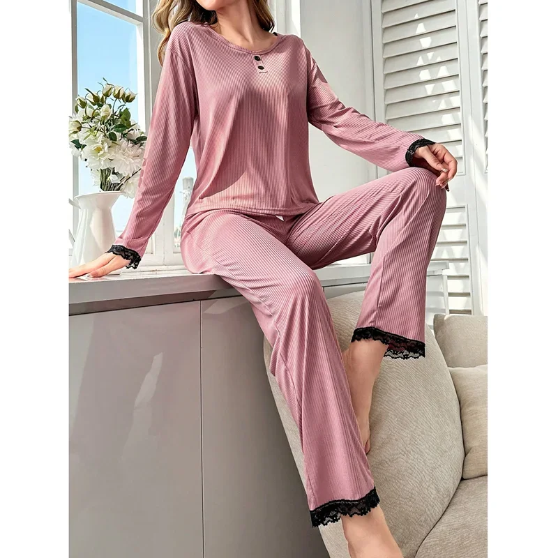 New Autumn Winter Pajamas for Women Long Sleeves Long Pants Pink Pijamas Milk Silk Pajama Woman Sleepwear Leisure Nightwear