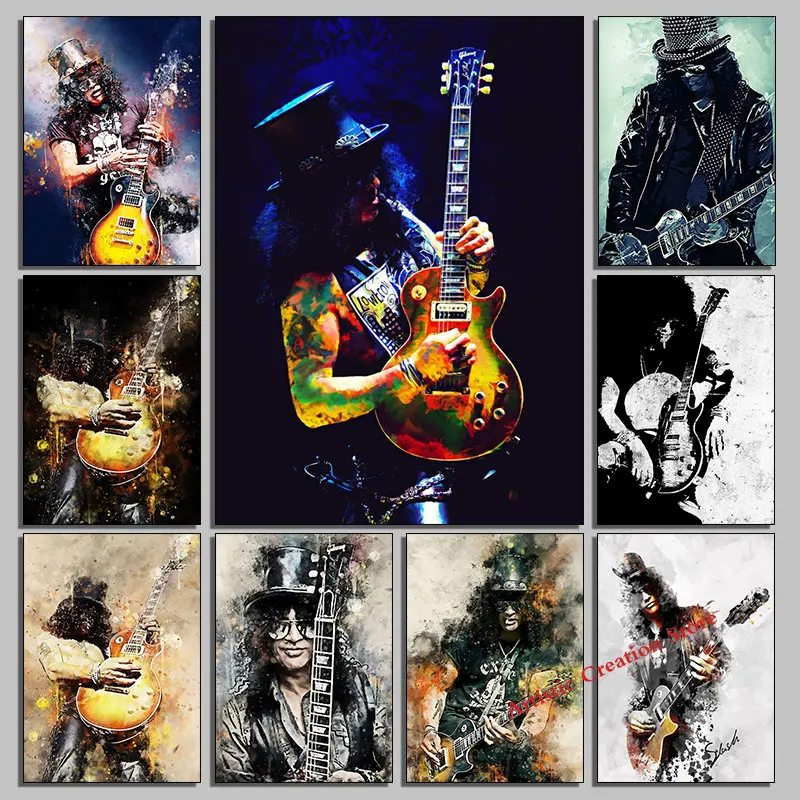 Abstract Rock Singer Guitarist Slash Watercolors Vintage Print Wall Picture Art Canvas Painting Living Room Bedroom Home Decor