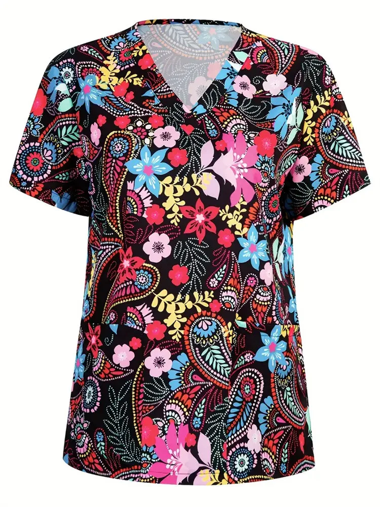 Women Print Nurse Uniform Plus Size Summer Short Sleeve V-neck Tops Nursing Working Uniform T-shirts Clinic Protective Clothing