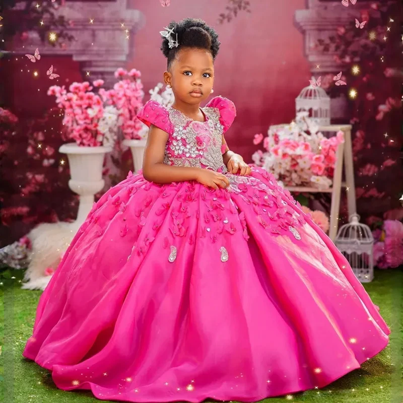 Gaun pesta ulang tahun anak perempuan, gaun pesta ulang tahun pertama motif bunga Fuchsia kristal Tulle lengan pendek