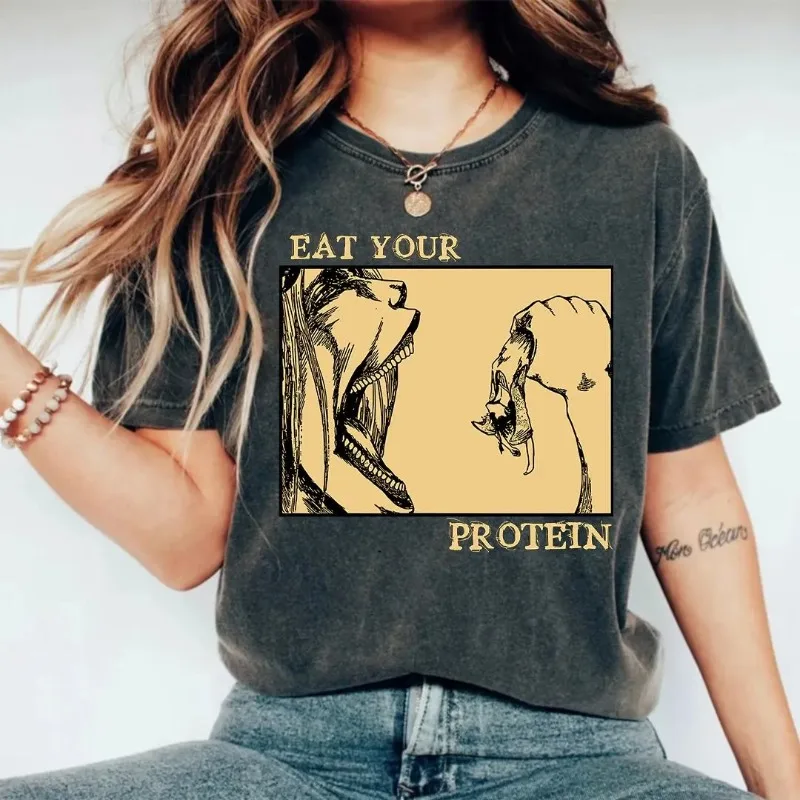Attack on The Giant Pattern T-shirt, Eat Your Protein Anime T-shirt Men's T-shirt Summer New Unisex