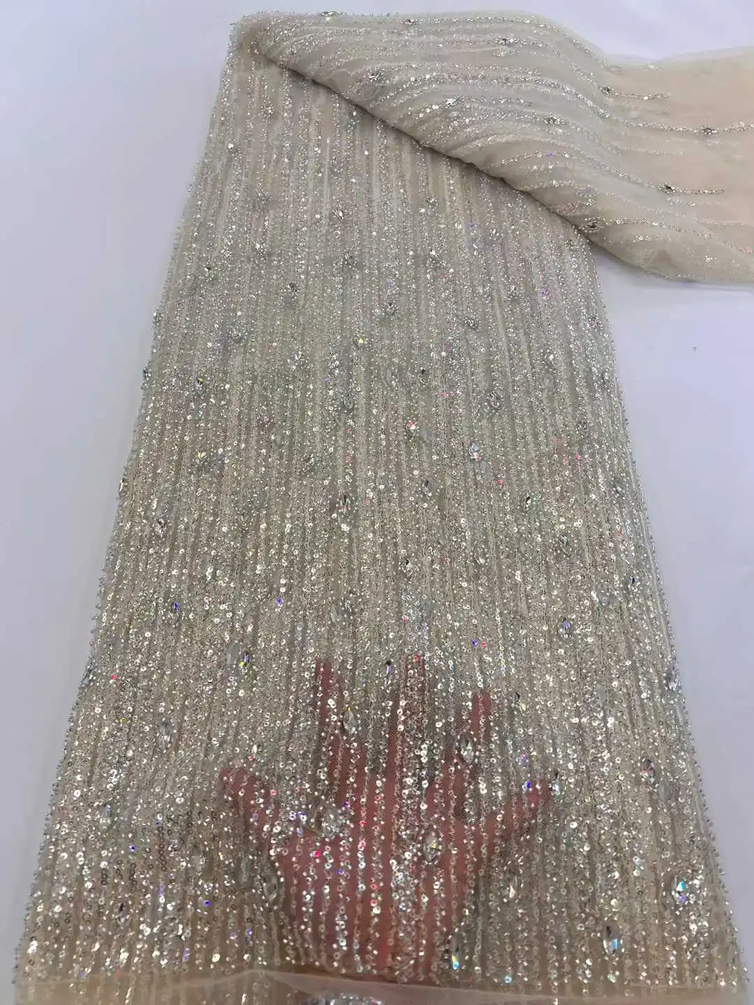 

New Design African Beads Stones Lace Fabric 5 Yards 2026 High Quality Nigeria Sequins French Tulle Lace Fabric For Wedding Dress