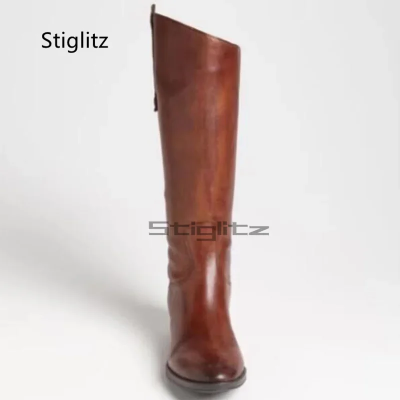 Genuine Leather Riding Boots for Men Metal Decor Knee High Western Boots Handmade Back Zip Knight Long Boots Winter Shoes Male