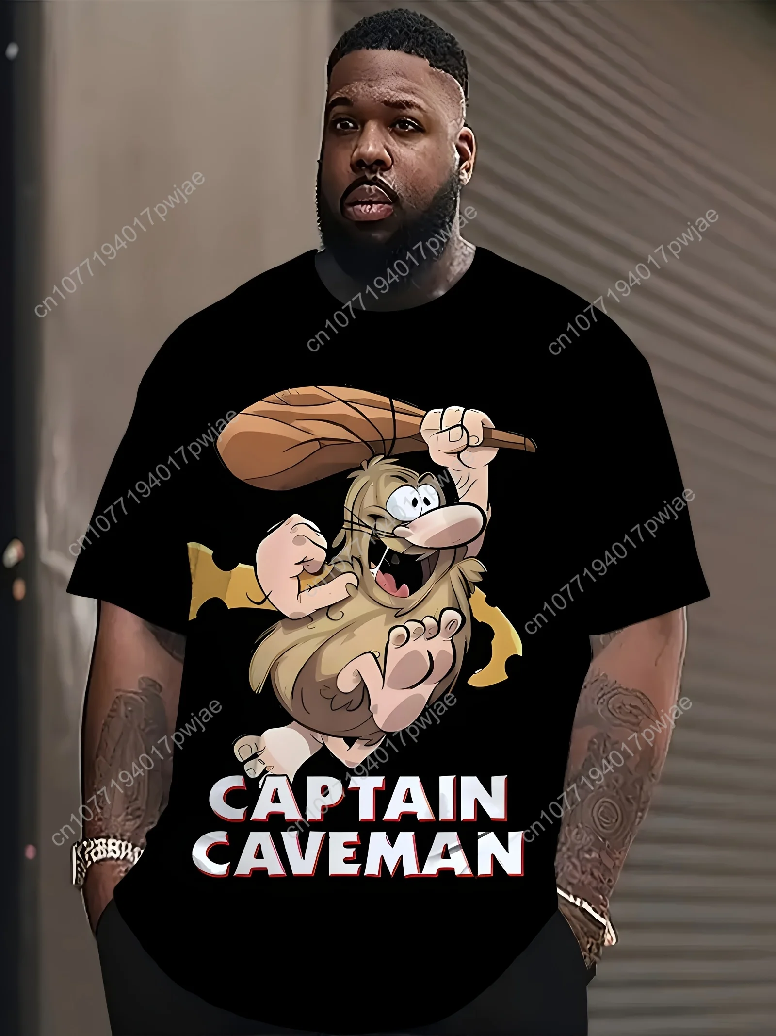 Camiseta masculina plus size engraçada capitão caveman retrô desenho animado camiseta preta casual manga curta gola redonda, lavável à máquina