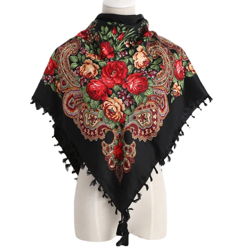 90*90CM Women Russian Style Peony Floral Printed Long Tassel Large Square Scarf Warm Wrap Traditional Ethnic Mexican Shawl