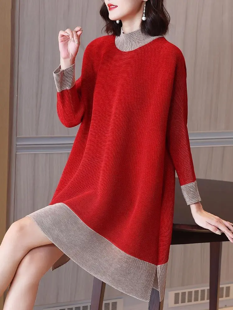 Casual pleated contrast color half-high neck dress women loose split long-sleeved belly show fashionable high-end dress female