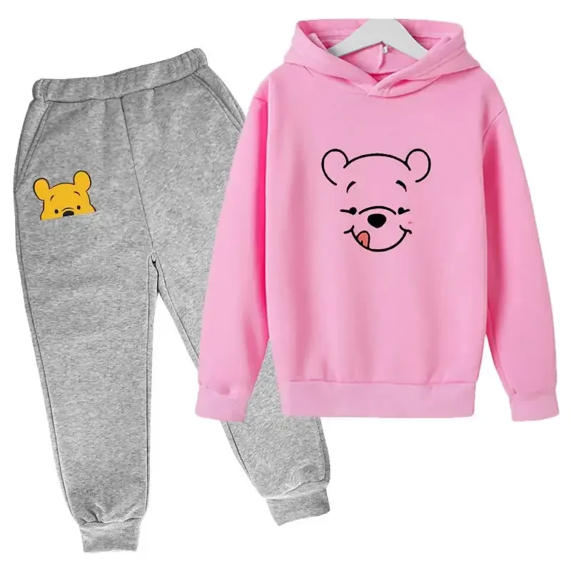 Disney Pooh Winnie Bear Hoodies Set Autumn Children Cartoon Hoodies Tops+Long Pants 2PCS Suit Kids Winnie-the-Pooh Outfits