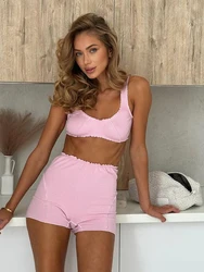 Marthaqiqi Summer Women'S Sleepwear Suit Sexy O-Neck Pajamas Crop Top Nightwear Tank Tops Nightie Shorts Casual Nightgowns Sets