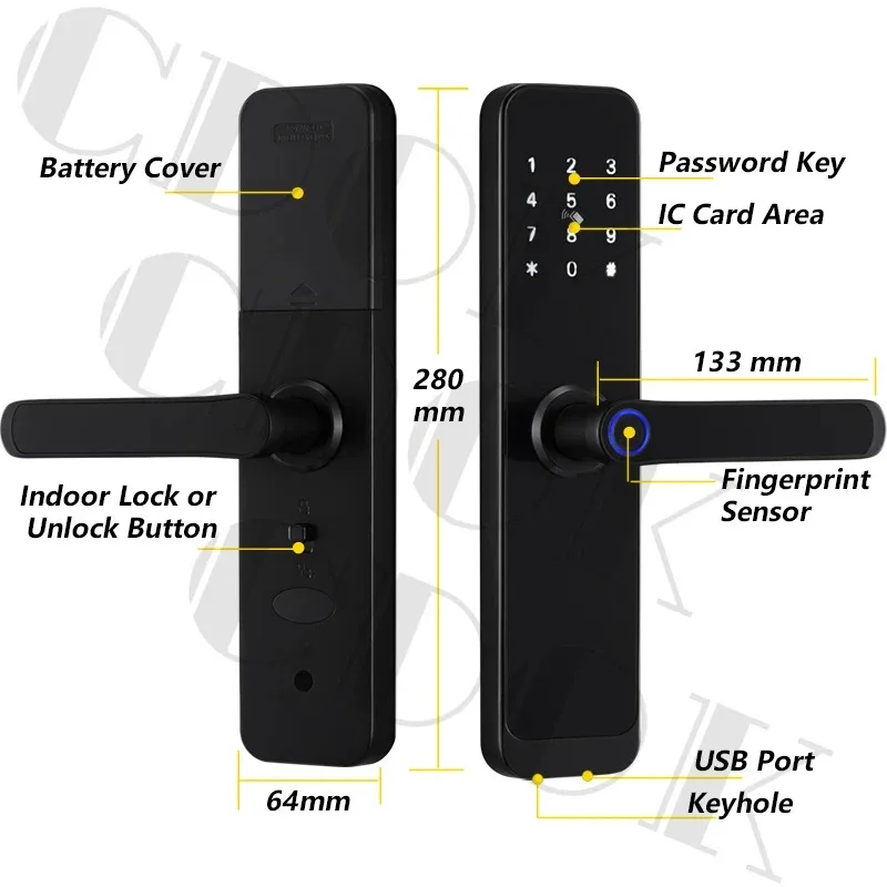 CDOK K8 TTlock Bluetooth smart lock fingerprint lock digital electronic lock with longer and larger handle panel