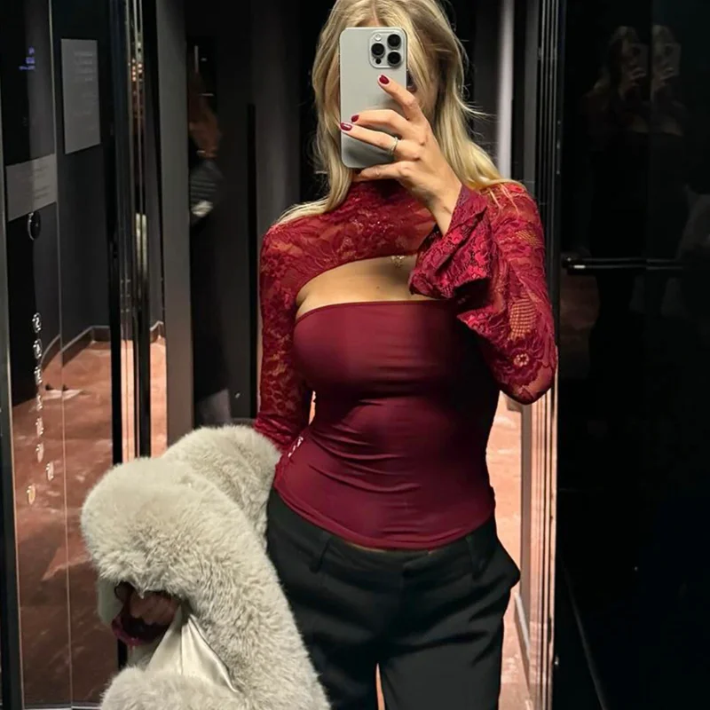 Pure Desire Sexy Lace Splice Hollow out Long Sleeve Base Shirt Sexy Half Transparent T-Shirt Women's Slim Fit Daily Wear Poly...
