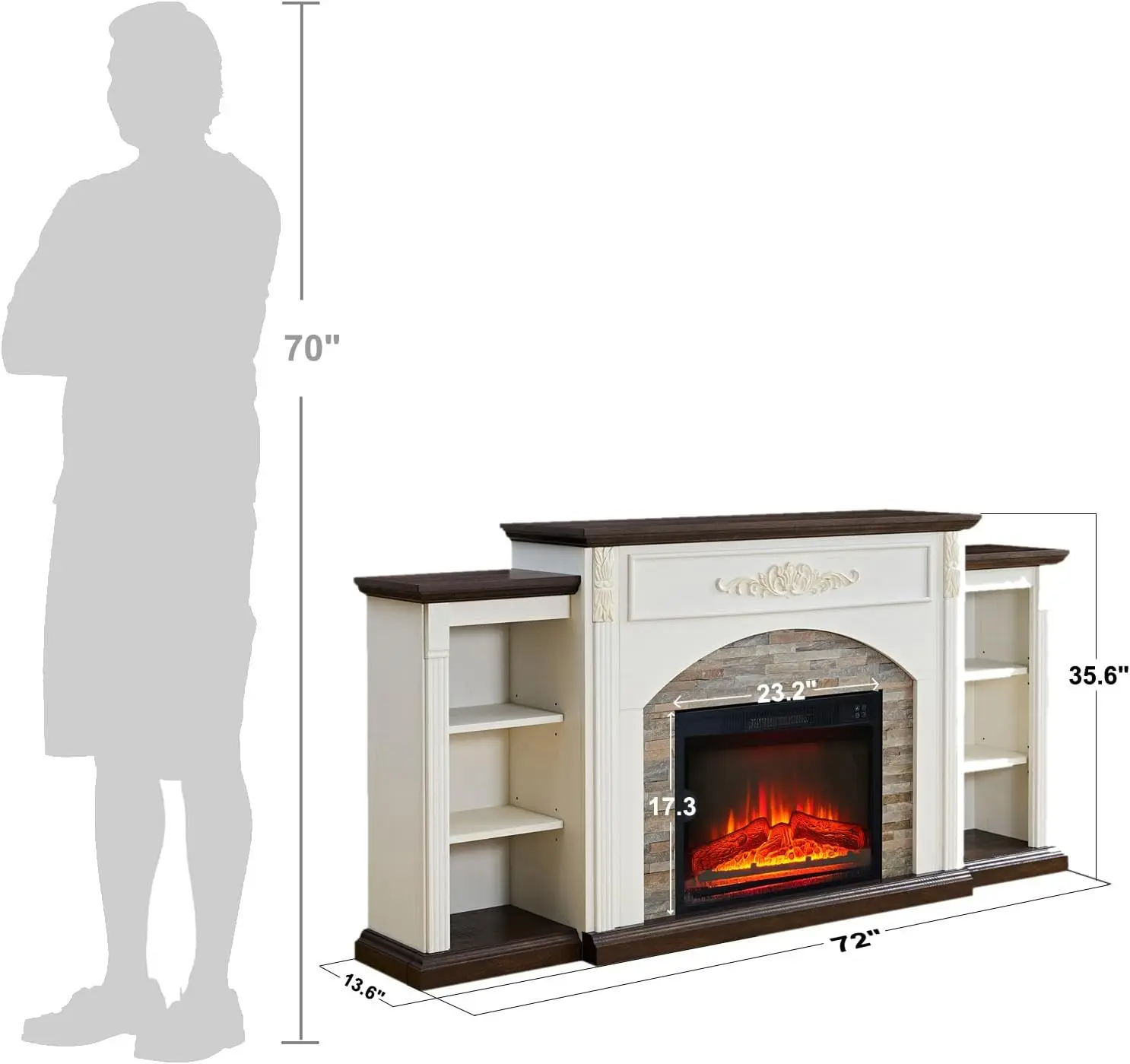 Electric Fireplace with Mantel, White TV Stand for TVs Up to 80 Inch, Farmhouse Entertainment Center with Storage