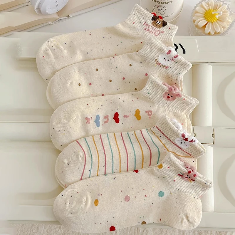 5/10 Pairs Dot Yarn النساء الجوارب القصيرة موضة لطيف الكرتون نمط الربيع/الصيف امتصاص العرق تنفس الجوارب غير رسمية