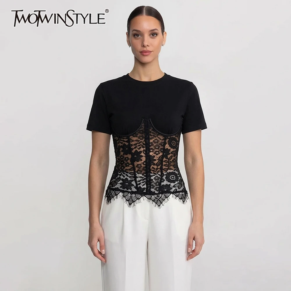 TWOTWINSTYLE Street Style Black Lace Corset T Shirt for Women Round Neck Short Sleeve Waist Cinched Design for Casual Outings