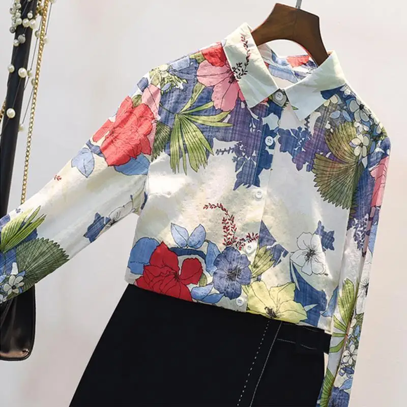 Cotton Linen Colourful Floral Pattern Asymmetry Printing Single Breasted Thin Vintage Shirt Popular Chic Long Sleeve Female Slim