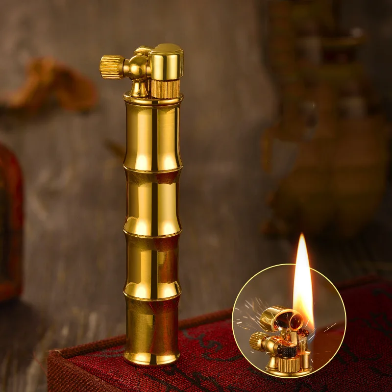 

New Pure Copper Retro Old-fashioned Grinding Wheel Lighter Creative Bamboo Step Up Igniter Cigarette Accessories