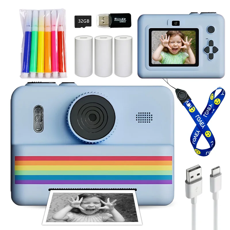 kids instants camera with 32GB memory card&color pencil, dual cameras, flashlight, the perfect gift for boys and girls.
