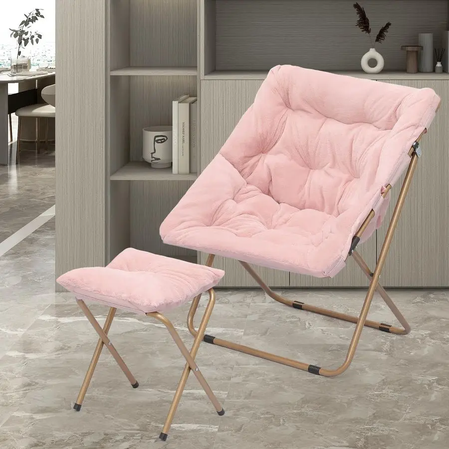 เก้าอี้ทรงจานพร้อมที่วางเท้าสำหรับผู้ใหญ่ เก้าอี้พักผ่อนพร้อมที่วางเท้า เก้าอี้ทรงจานพับได้แบบนุ่มสำหรับผู้ใหญ่และเด็ก ห้องนอน ห้องนั่งเล่น