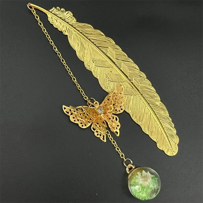 1pc Chinese Style Metal Feather Bookmark Creative Immortal Dried Flower Butterfly Leaf Student Bookmark Teacher's Day Gift