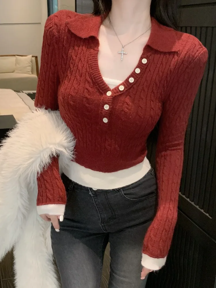 

Autumn Pure Desire Spicy Girl Versatile Slim Fit V-neck Double Color Block Knit Sweater Women's Fashion Commute Style