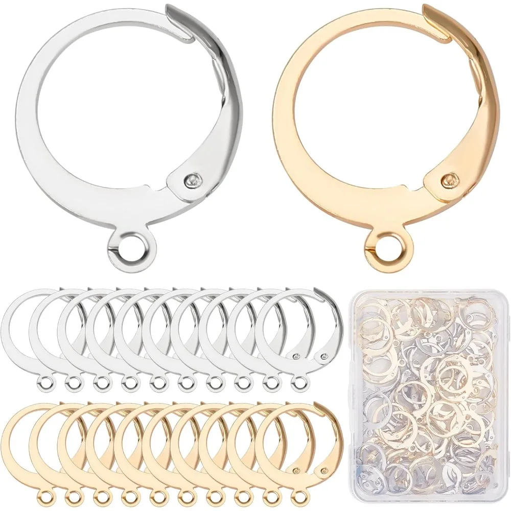 

1 Box 80Pcs 40 Pairs Leverback Earring Hooks Real 18K Gold Plated Stainless Steel Round Lever Back Clasp Huggie Hoop French Ear