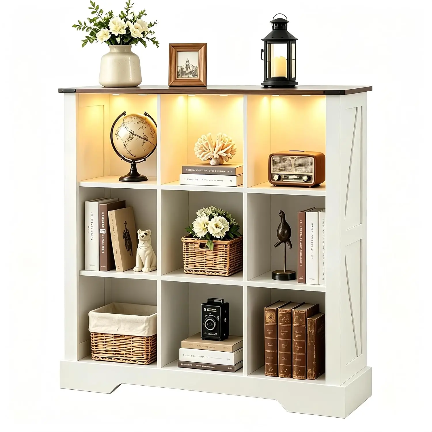 9 Cube Storage Organizer 3 Tier LED Book Shelf Farmhouse Display Cabinet Living Room Bedroom Office White, Customized