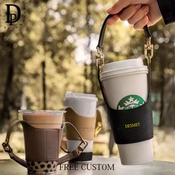 Portable Custom Name Fashion Cup Holder Fashion Vintage PU Leather Coffee Milk Tea Cup Bag Personalize Letters Water Bottle Bag