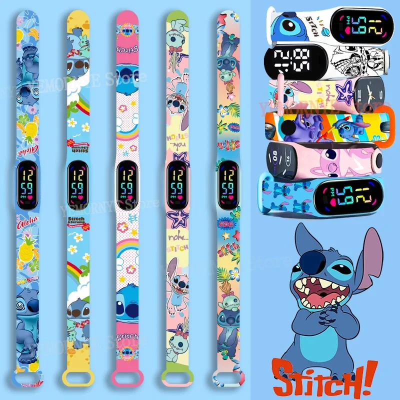 Цифровые Детские часы Disney Stitch, фигурки аниме, светящиеся Детские спортивные часы с сенсорным экраном, водонепроницаемые цифровые часы, подарки, игрушки