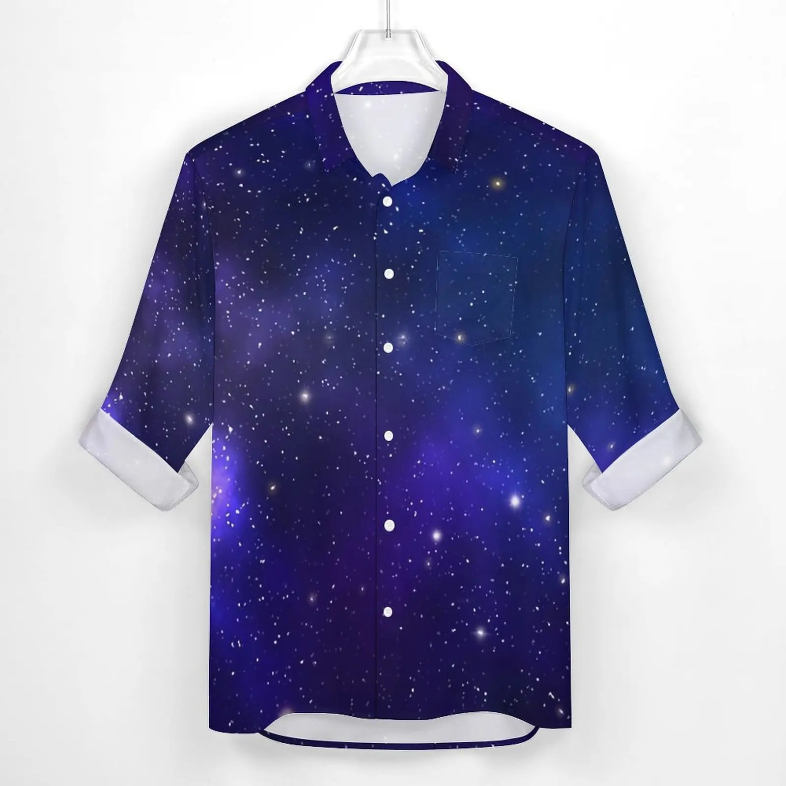 Blue Galaxy Y2K Casual Shirt Man Stars Print Shirt Autumn Retro Blouses Long Sleeve Design Oversized Top