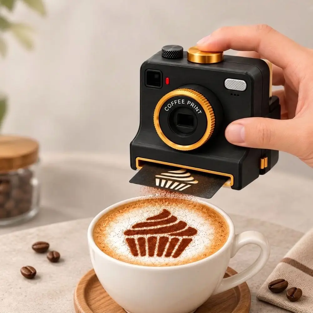 Funny 3D Printed Latte Art Camera Vintage Look One Touch Press Coffee Powder Print Camera Plastic Replaceable Cards