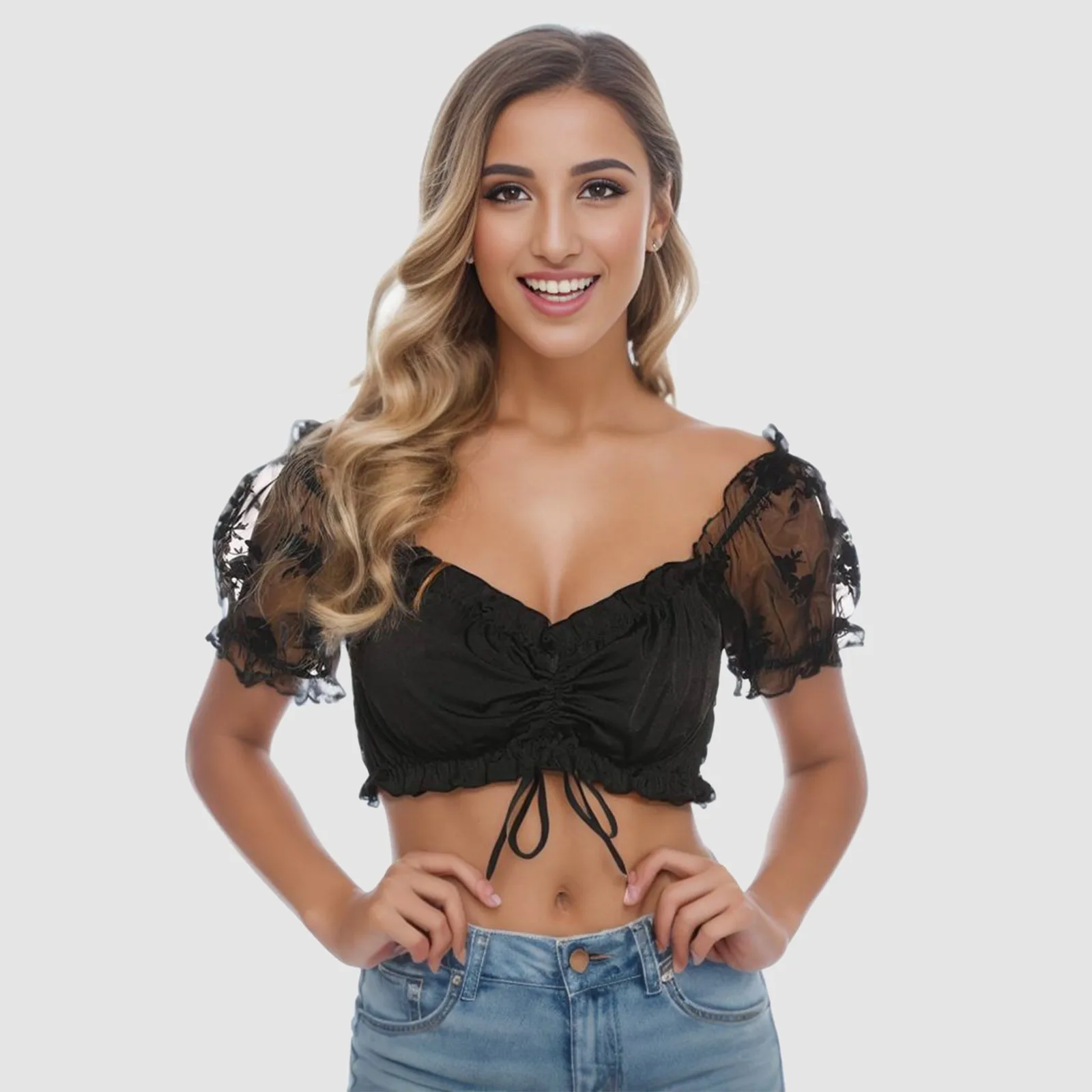 Women Ruffled Lace Vest Short Shirts Elegant Dirndl Blouse For Oktoberfest Bride Lingerie Tops Blouses Solid Color Wrap Crop Top