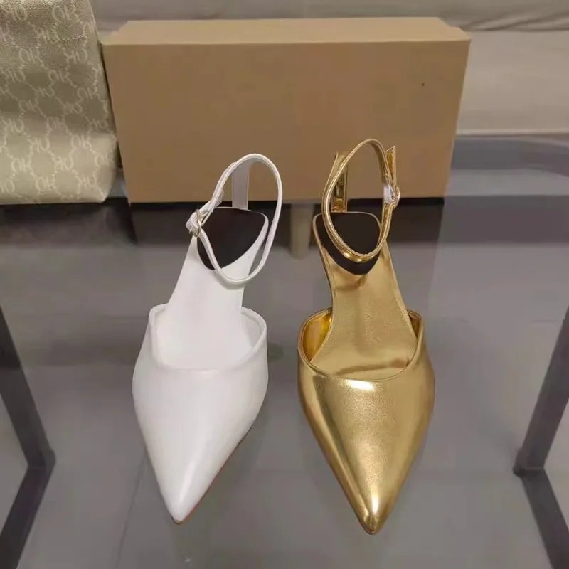 Pointed Toe Women Luxury Sandals Sexy Ankle Strap 2024 Summer Shallow Slingback Gold White Low Heels Leather Ladies Dress Shoes