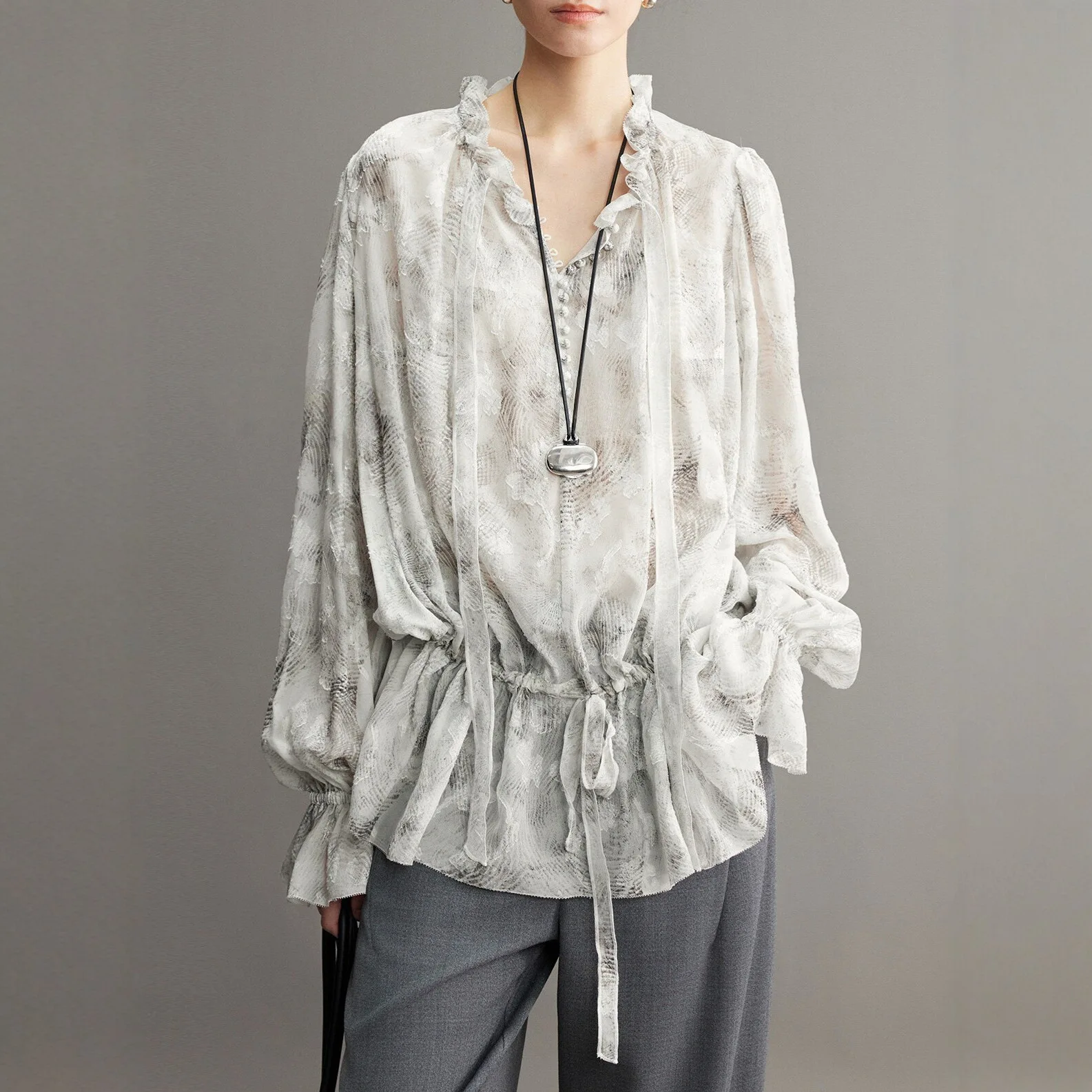 

2026 Spring/Summer Blouse Floral Print Romantic Fashion Flared V-Neck Tie Belt Drawstring Waist Shirt Elegant Office Lady Top