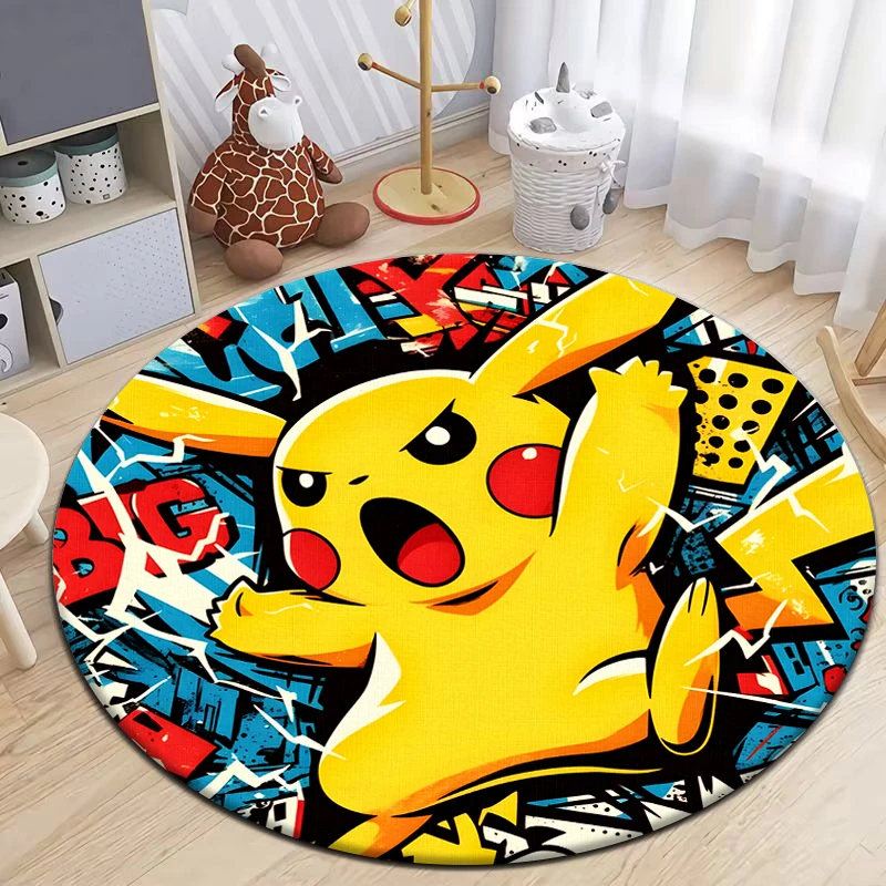 Pikachu HD Printed Cartoon Round Carpet for kids Living Room Rugs Camping Picnic Mats Flannel Anti-Slip Rug Yoga Mat Gifts