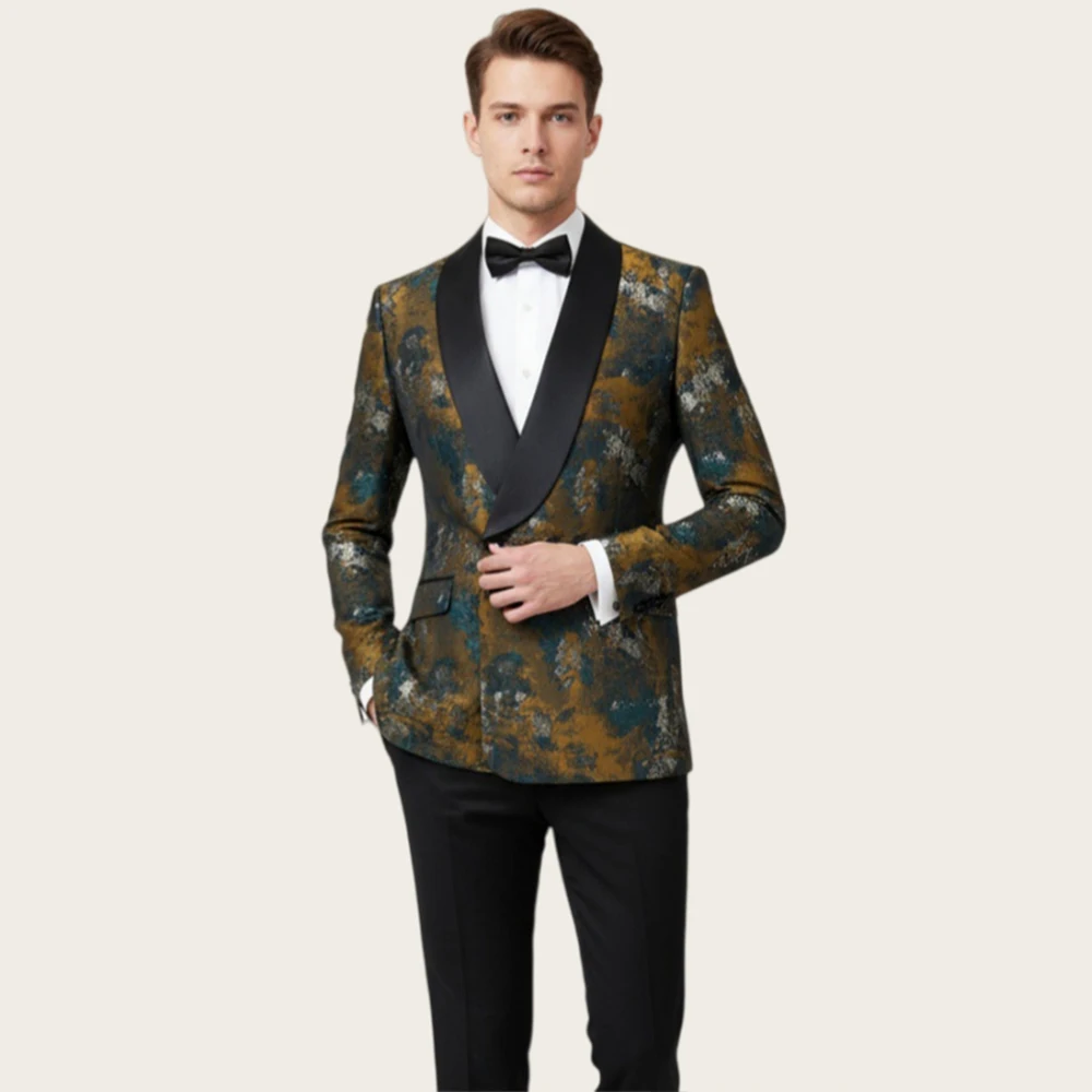 Mophiel Men's Suits and Separates Double Breasted Shawl Lapel Jacquard Prom Slim Fit Suit Office Business Blazer Customized
