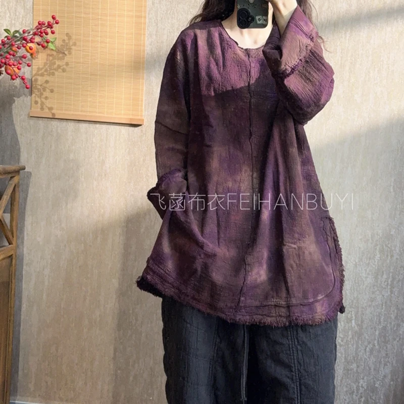 

Новое поступление, осенние женские топы, футболки, свободные повседневные хлопковые льняные футболки с кисточками и круглым вырезом с длинным рукавом, футболка хорошего качества F174