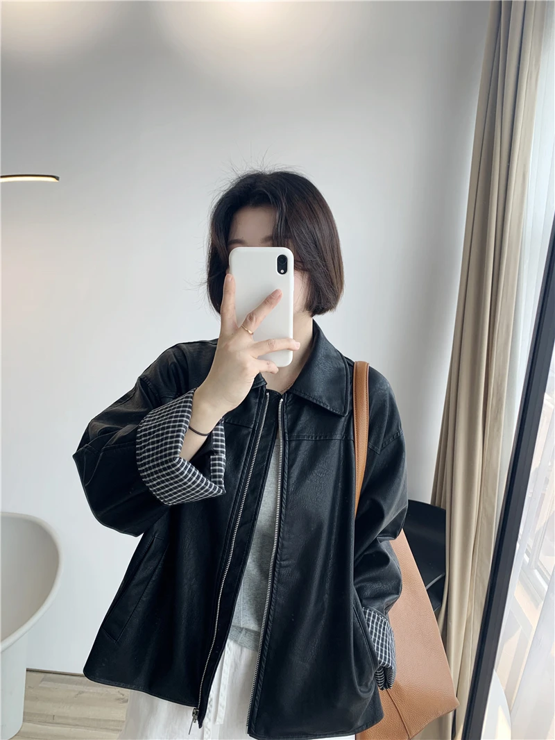 

Retro High-End Feel Casual Loose PU Leather Jaet Women's Turn-down Collar Patchwork Sve Plaid Patterned Top Coat