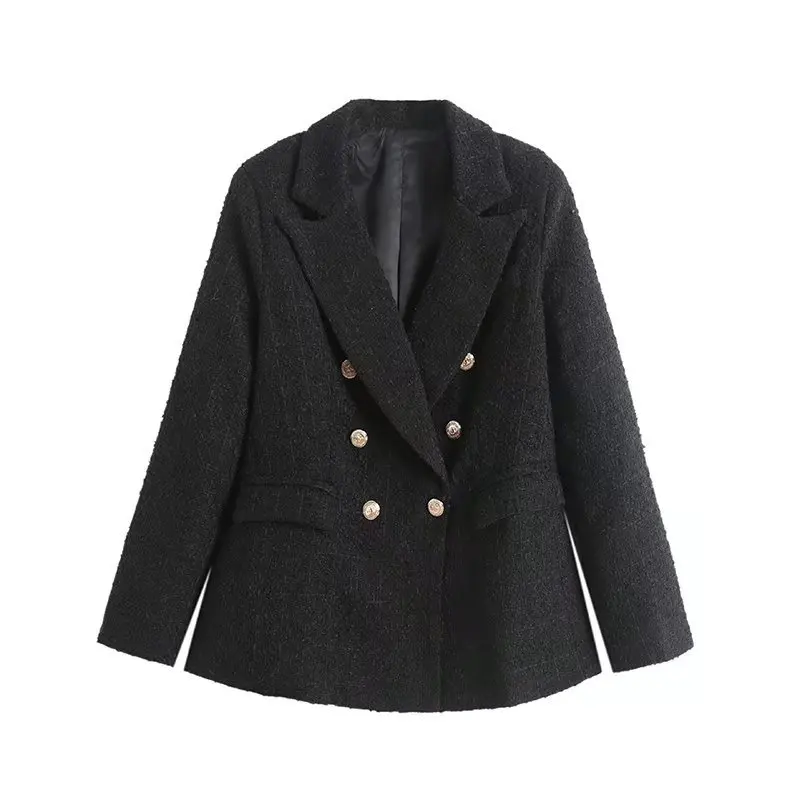 ファッション新ツイードブレザー女性服秋冬ボタンスリムジャケットコート女性トップポケットアウター販売