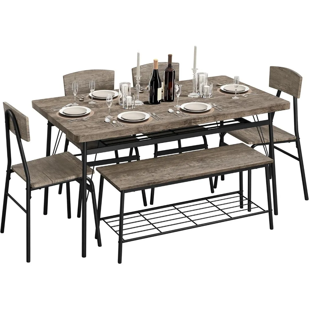 Dining Table Set for 6 Kitchen Table Set with Chairs and Bench with 2 Storage Racks, Protective Foot Pads 6 Piece Dining Set