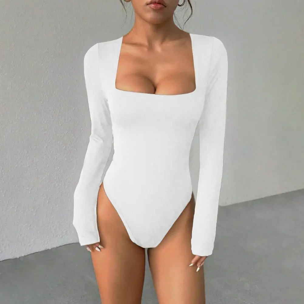 Body a maniche lunghe con clavicola Body da donna con scollo quadrato Manica lunga Slim Fit Top Autunno Basic One per stratificazione da donna