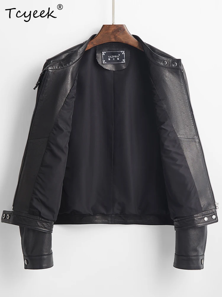 Tcyeek Giacca in pelle da donna in pelle di pecora Primavera Autunno Colletto rialzato Giacca da moto corta nera a maniche lunghe Chaqueta Cuero