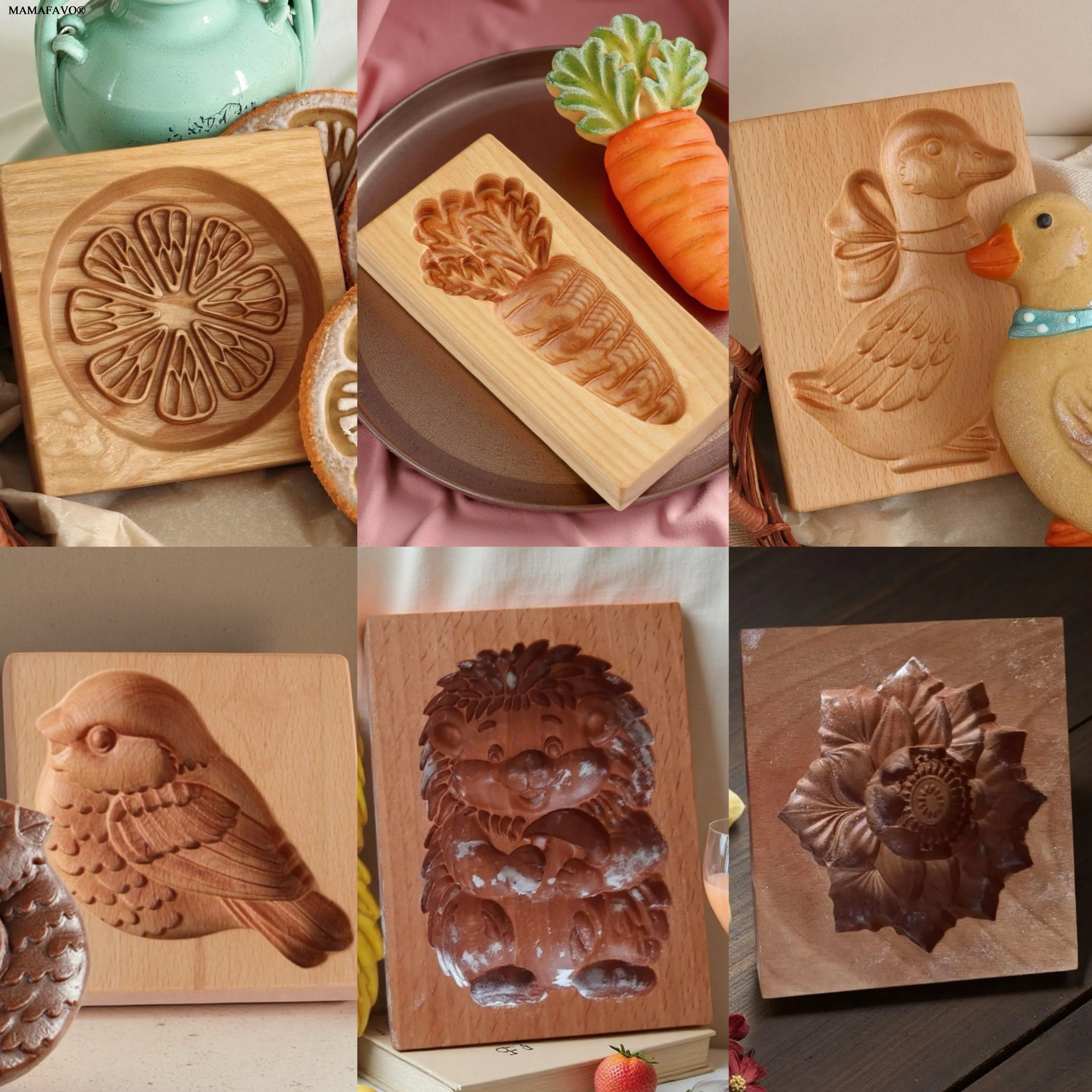 Wooden Speculaas Cookie Molds with Animals Patterns, 3D DIY Carved Embossed Biscuit Cutter Moulds, Bird, Goose, Horse, Hedgehog